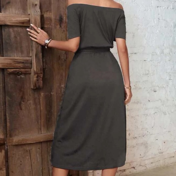 Off Shoulder Split Thigh Belted Dress Dark Grey Size L - Picture 2 of 7